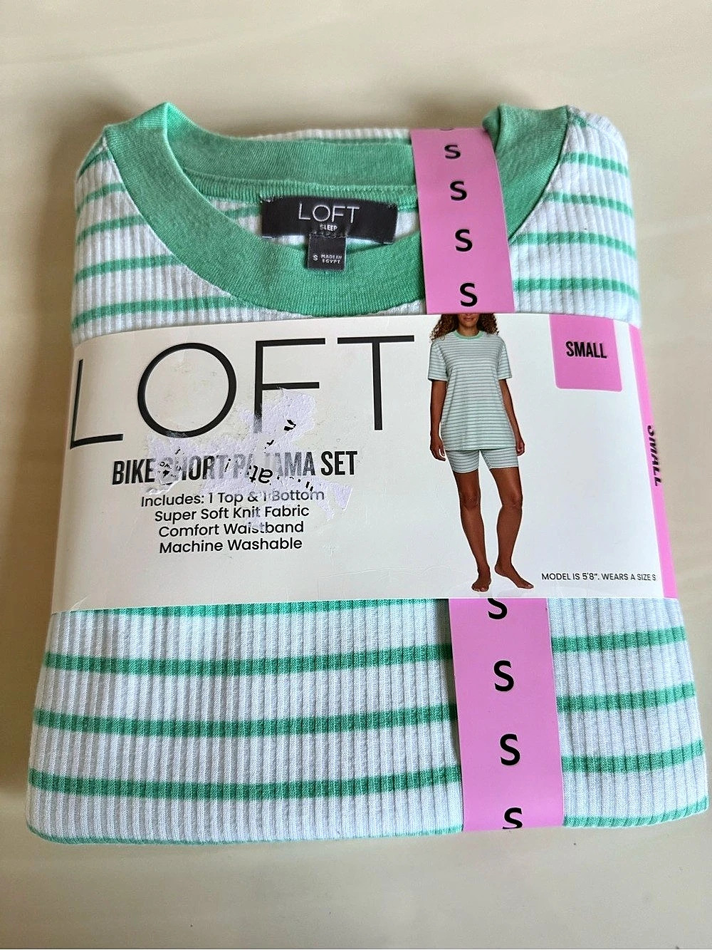 NEW LOFT Bike Short Pajama Set Striped Green & White Size Small (4-6)